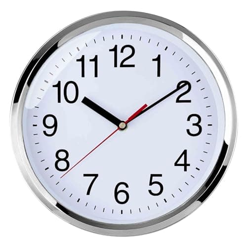 Image of Plumeet Wall Clock, 10" Non Ticking Silent Quartz Wall Clocks, Battery Operated, Decorative Home Office School Clock (Chrome)