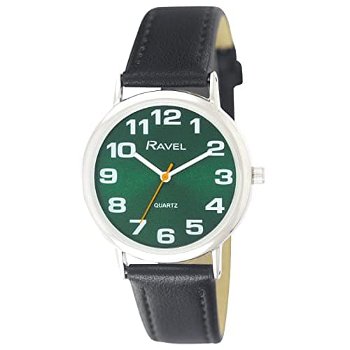 Image of Ravel Women's Easy Read Watch with Big Numbers - Black/Silver Tone/Sunray Green Dial