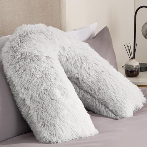 Image of OHS Fluffy Fleece V Pillow Grey, Orthopaedic V Shape for Bed Sofa Super Soft Support Pillow for Sleeping Relaxing Long Snug Cushion, 80 x 60 x 25cm