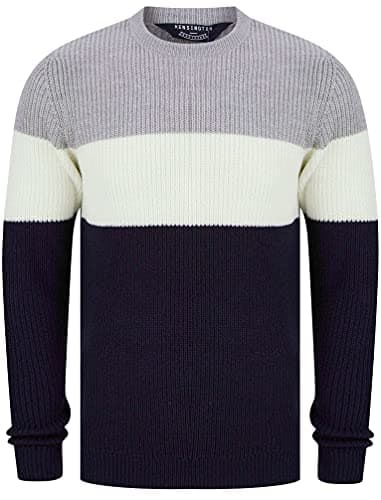 Image of Kensington Eastside Men's Levy Colour Block Crew Neck Knitted Jumper - Light Silver Marl - XL
