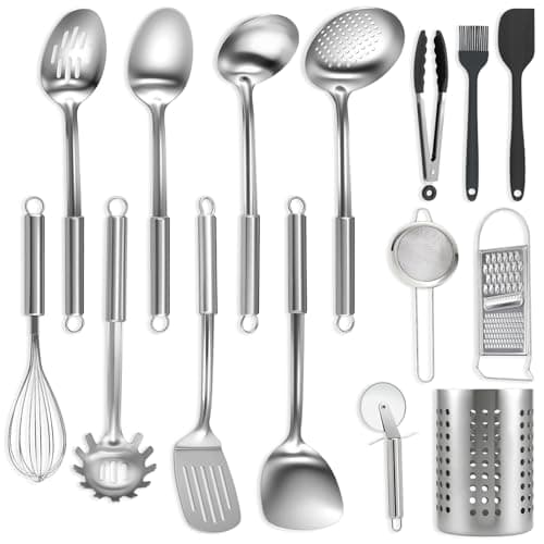 Image of BEWOS Kitchen Utensils Set 15 Piece - Stainless Steel Cooking Utensils Set, Utensil Set with Spatula and Storage Bin, Non-Toxic, Dishwasher Safe & Heat Resistant