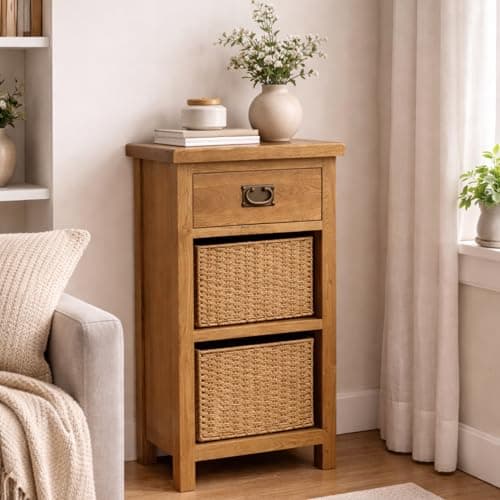 Image of Home Furniture Group Ltd Oakcroft 1 Drawer 2 Basket Bedside Table – Rustic Nightstand with Wicker Storage Basket – Fully Assembled Country Rustic Cabinet – 50cm Wide