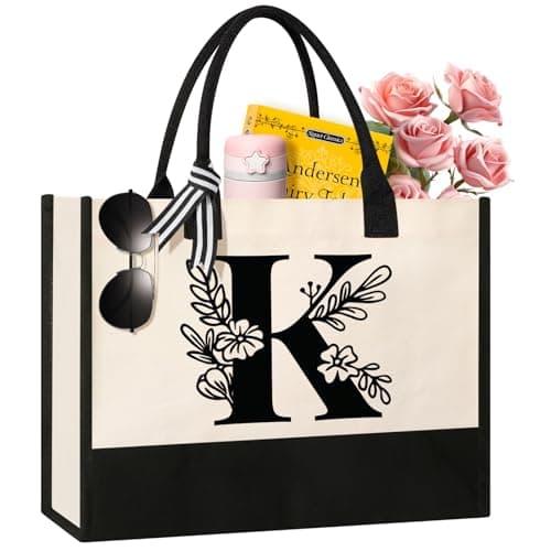 Image of Tecanne Personalized Initial Canvas Tote Bag, Cosmetic Bags, Suitable for Birthday, Wedding, Beach, Holiday, Great Birthday Gifts for Women, Mom, Teachers, Nurses, Best Friends, Bridesmaids (K)
