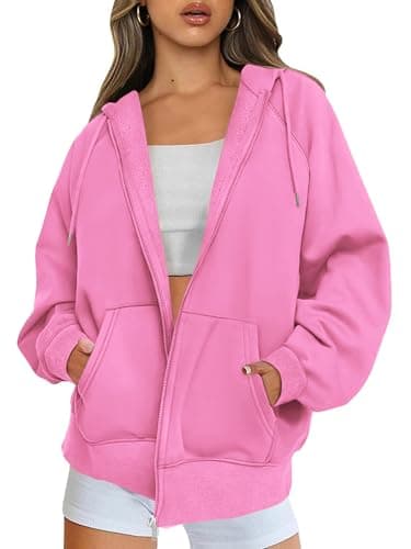 Image of Jhsnjnr Zipped Hoodies for Women UK Drawstring Loose Fit Zip Up Sweatshirt Workout Soft Oversized Hooded Fleece Jackets Pink