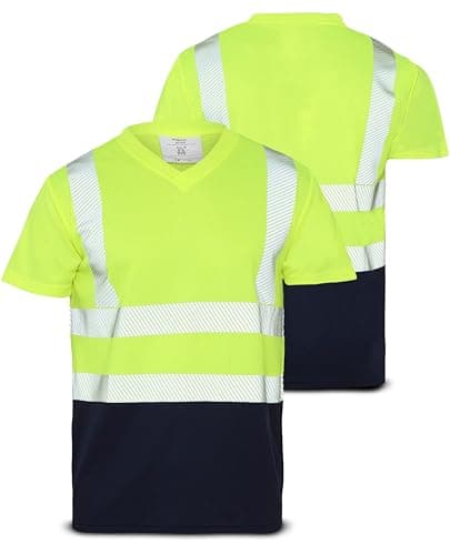 Image of Hi Vis Viz V-Neck T-Shirts Mens High Visibility Reflective Tape Safety Security Work Short Sleeve Tee Shirt Breathable Lightweight Workwear Top (UK, Alpha, L, Regular, Regular, Yellow/Navy)