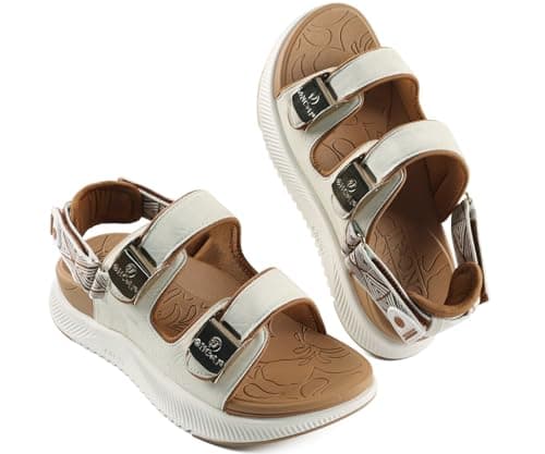 Image of ONCAI Orthopedic Sandals Women with Arch Support Detachable Heel Walking Sandal Plantar Fasciitis Recovery Hiking Sandals for Woman 2025 Light Weight Comfort Platform Shoes White/Khaki Size 6