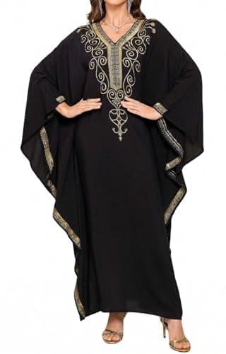 Image of Orshoy Womens Embroidery Kaftan Dress V-Neck Soft Maxi Beach Bikini Cover Ups Swimwear Beachwear Bathing Suit Summer Z-Black