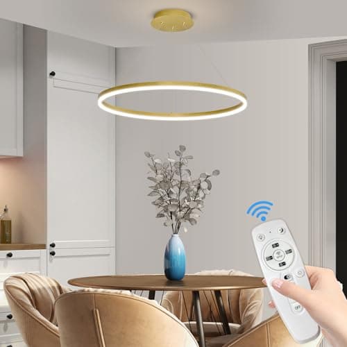 Image of Mikeru 60cm Round Gold Pendant Light, Dimmable Breakfast Island Lighting 1 Ring 10% to 100% Modern LED Large Pendant Light 3000K/4500K/6000K Hanging Lights Over Kitchen Island for Living Room
