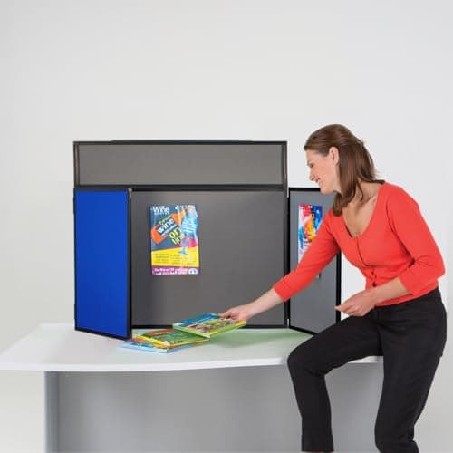 Image of 3-Panel Folding Exhibition Display Kit, Double-Sided Pinboard, Royal Blue/Dove Grey, Landscape, | Lightweight PVC Black Frame with Clip-on Header - Ideal for School, Classwork, Office, Health Hubs
