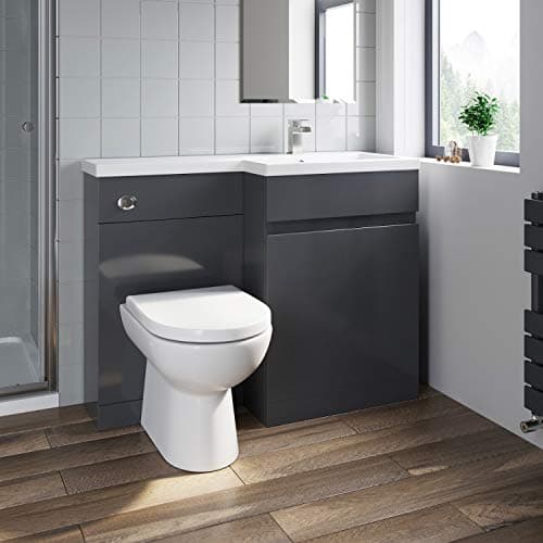 Image of 1100mm L Shape Bathroom Vanity Sink Unit Furniture Storage, Right Hand Gloss Grey Vanity Unit + Basin + Ceramic D Shaped Toilet with Concealed Cistern