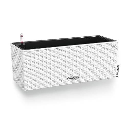 Image of Lechuza BALCONERA Cottage 50 Self Watering Planter Plastic Indoor/Outdoor Flower Rattan Look Plant Pot Table and Window Box with Drainage Hole H19 L50 W19 cm White