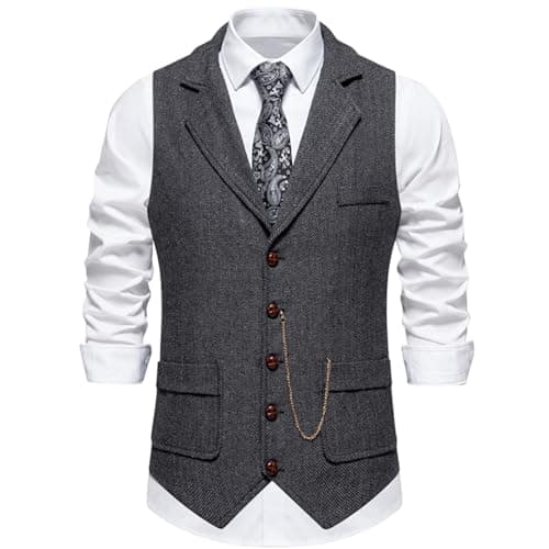 Image of maxToonrain Classic Mens Tweed Suit Vest Casual Sleeveless Jacket Herringbone Waistcoat for Tuxedos (Classic Black, Large