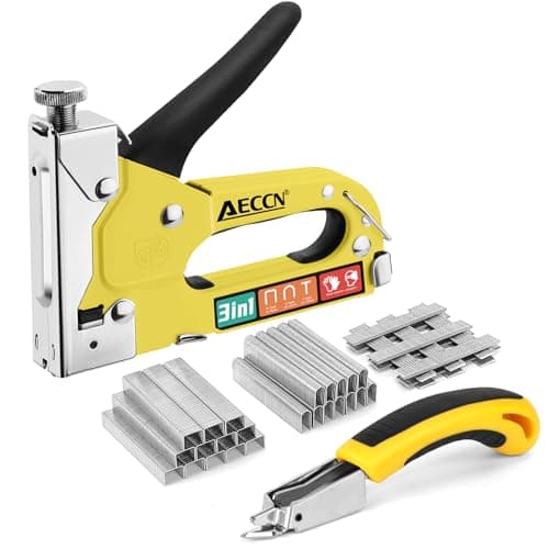 Image of AECCN 3 in 1 Heavy Duty Staple Nail Steel Gun Kit with 2100 Staples, Upholstery Stapler for Fixing Material, Decoration, Carpentry, Furniture, Doors and Windows - Yellow