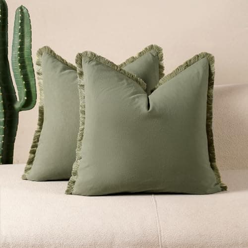 Image of Tennove Cushion Covers 45x45cm Set of 2 Decorative Boho Throw Pillow Case with Fringe Tassels Washed Cotton Linen Soft Farmhouse Pillow Cover for Home Sofa Bed Room,Sage Green