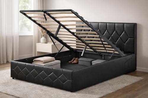 Image of Modernique Black Faux Leather Ottoman Storage Bed with Built-in Anti-Shake Headboard, 2 Side Pockets & USB | Type-C Charging Ports (Double (4ft6))
