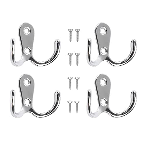 Image of Yesmin 4 Pcs Double Prong Robe Hooks, Dual Coat Hooks Wall Mounted Hanging Clothes for Bathroom Bedroom Door Wall Retro Metal Cloth Hanger Double Coat Hooks with 8 Screws (Sliver)
