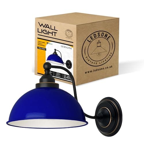 Image of LEDSone Vintage Industrial Wall Sconce with Blue Metal Shade, 19cm Height and 21cm Width – Retro Indoor Wall Light Fixture for Bedroom, Living Room – Compatible with E27 Bulbs (Navy Blue)