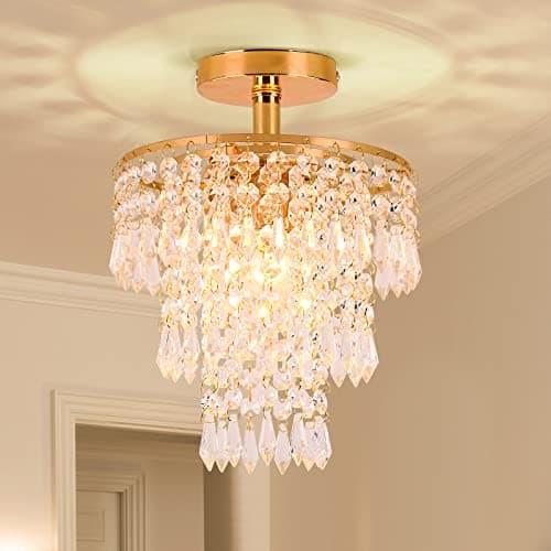 Image of FRIXCHUR Small Crystal Chandelier Light Fixture 7.9" Flush Mount Ceiling Light Gold Crystal Chandeliers for Hallway Kitchen Foyer Bedroom Dining Room