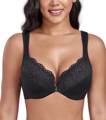 Image of DotVol Women's Front Closure Wide Strap Underwire Bra Lace Plus Size U-Back Unlined Everyday Bra(Black,44D)
