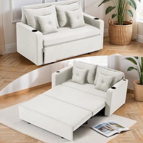 Image of MELLCOM Two Seater Sofa Bed,Pull Out Sleeper Sofas,3 in 1 Couch with Cup Holders,USB,Magazine Bag,Lounge Chair for Living Room,Bedroom,Apartment,Beige