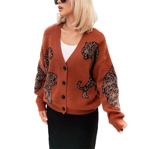 Image of FeMereina Women Tiger Print Cardigan Sweater Long Sleeve Button Down Knitwear Loose Fit Cropped Cardigan Cute Fall Streetwear (Orange, L)