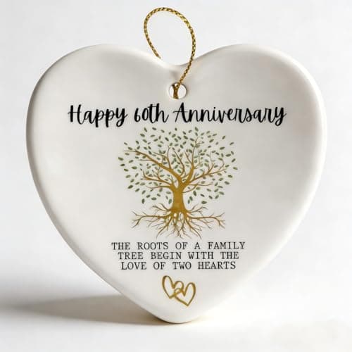 Image of Diamond Wedding 60th Anniversary Ceramic Heart Hanging Plaque - Elegant Home Decor for Couples Celebrating 60 Years Marriage