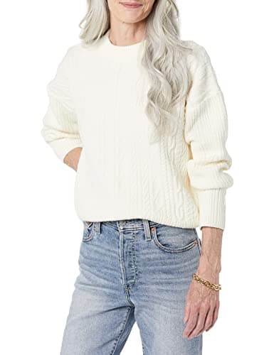 Image of Amazon Essentials Women's Soft-Touch Modern Cable Crewneck Sweater (Available in Plus Size), Ivory, M