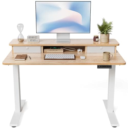 Image of FEZIBO Electric Height Adjustable Standing Desk, 100x60cm, with Double Drawers and Storage Shelf, Maple