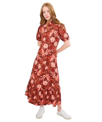 Image of Joe Browns Women's Oversized Autumnal Floral Vintage Puff Sleeve High-Neck Jersey Midi Dress, Regular, Brown, UK 14