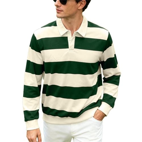 Image of Striped Rugby Shirt Men's Classic Shirt Vintage Long Sleeve Striped Polo Shirt Lapel Polo Shirt Oversized Long Sleeve T-Shirt Regular Fit Sweatshirt Colour Block Pullover, Green, XXL