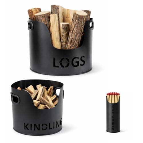 Image of Premium Black Metal Log Holder, Kindling & Matchstick Holder Set – Stylish Fireside Accessories for Home Fireplace & Wood Burner – Indoor Firewood Storage & Fire Equipment Organizer
