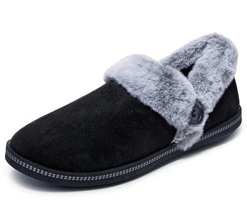 Image of Skechers Women's Cozy Campfire Fresh Toast Slippers, Black Microfiber/Faux Fur, 3 UK