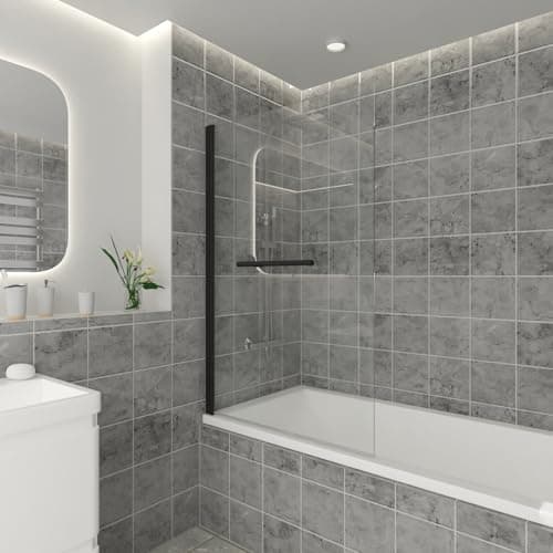 Image of NRG 800 x 1400mm Bathroom Square Bath Screen with Towel Rail Black Reversible 6mm Easy Clean Glass