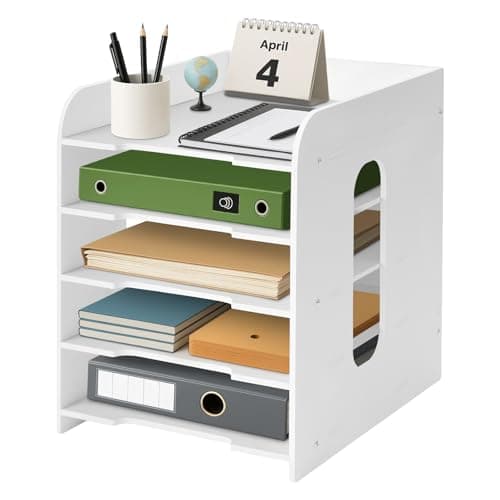 Image of 5-tier Office Filing Trays Holder with Pen Holder Letter A4 Paper Desk Organiser Desktop File Holder Stackable Document Storage Rack for Home Office School (White)