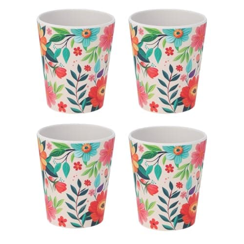 Image of Carousel Home Set of 4 Floral Melamine Tumblers | Colourful Reusable Plastic Picnic Camping Cups | Outdoor Drinks Glasses - 350ml