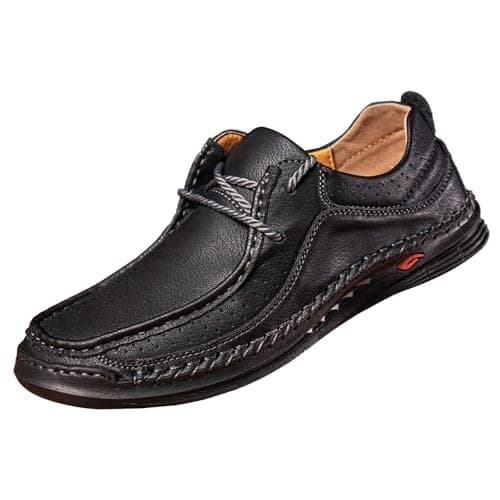 Image of Mens Leather Lace Up Casual Walking Shoes Breathable Lightweight Trainers Non Slip Flat Sole Sneakers with Arch Support Comfortable Fit for Indoor Outdoor Footwear(Black, 7)