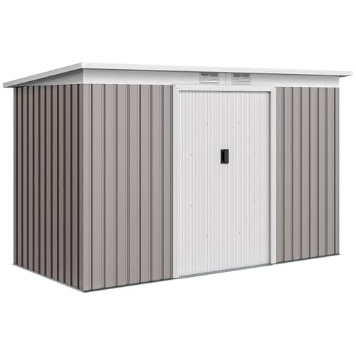 Image of Outsunny 9ft x 4ft Metal Garden Shed, Outdoor Tool House with Foundation Kit, Ventilations and Double Doors, Light Grey