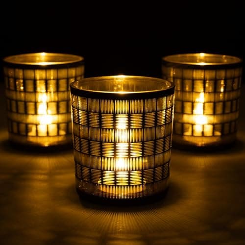 Image of Romcanmy Tea Light Candle Holders Set of 3, Vintage Woven Pattern Glass Candle Holder for Table Centrepiece, Elegance Gold and Black Tealight Holders for Birthday, Anniversary, Christmas, Party, 7×8CM