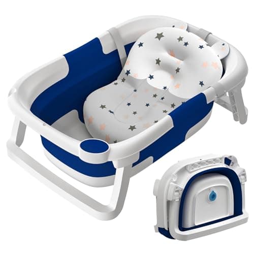 Image of Baby Bath Tub Foldable, Collapsible Newborn Bathtub Essentials with Bath Support and Non Slip Bath Seat Cushion Stand Pad, Folding Infant Baths Tub to Toddler 0-24 Months Portable Travel (Blue)