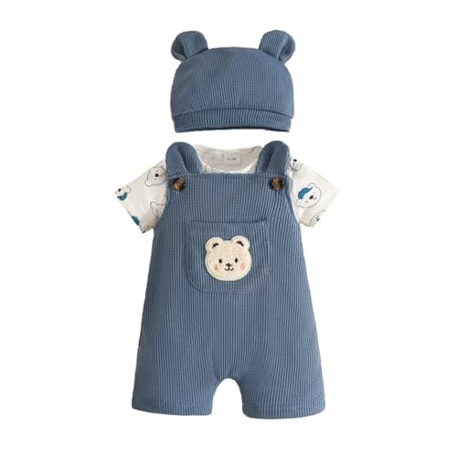 Image of Eqenkely Baby Boy Clothes Newborn Striped Romper T-Shirt with Bear Suspender Overall Shorts Cute Hat 3Pcs Set Summer Outfits 0-18 Months Blue 3-6 Months