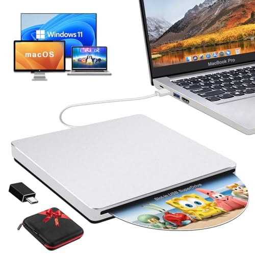 Image of SOMDARHK External CD Drive for Macbook: Portable USB DVD Burner Reader Player SuperDrive for Laptop Mac Windows Apple PC with Free USB C Adapter & Carrying Case Aluminum Alloy