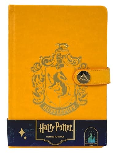 Image of Licensed Harry Potter House notebook journal, parchment paper, house logo, house history, Gold printed house crest logo in front, Hogwarts, Gryffindor, Slytherin, Hufflepuff and Ravenclaw (Hufflepuff)
