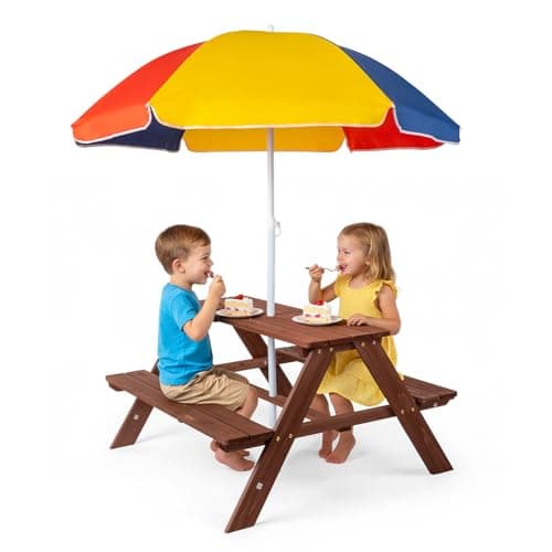 Image of Bonnlo Kids Picnic Table with Umbrella, Wooden Toddler Picnic Table and Chair Set with Removable Parasol, Outdoor Activity Table with Benches for Patio Garden Backyard (Dark Brown)