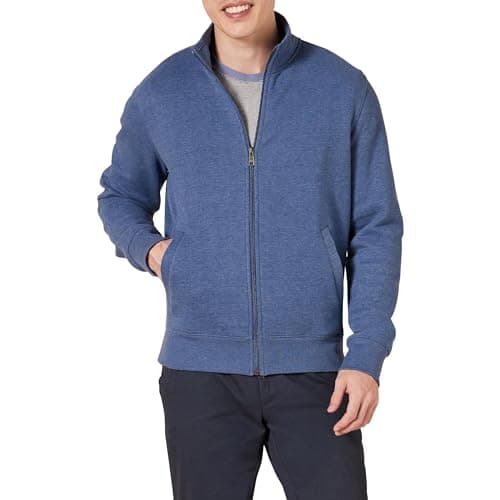 Image of Amazon Essentials Men's Fleece Zip-Up Mock Neck Sweatshirt, Mid-weight, Regular Fit, Blue Heather, L