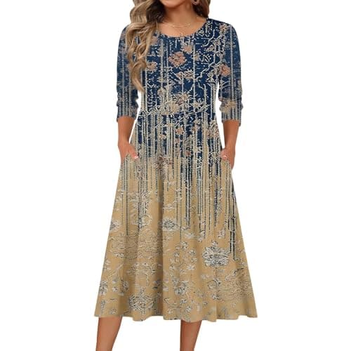 Image of Dresses for Women UK Casual Crewn Neck 3/4 Length Sleeve Elegant Flowy Solid Color Midi Spring Summer Fall Boho A Line Floral Long Dress