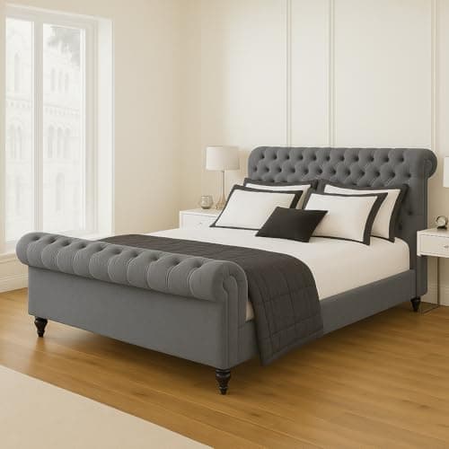 Image of Bed Croft Chesterfield Sleigh Bed - Upholstered in Plush Velvet Fabric - Mattress/Gas Lift Option - Uk Made - Double/King/Super King (Steel Plush, King 5ft Bed Frame)