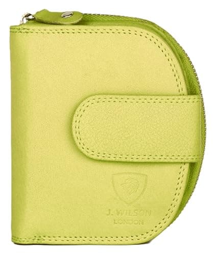 Image of J. Wilson London Ladies RFID Safe Designer Leather Purse Card Women Wallet Zip Pocket Boxed (Lime Green)