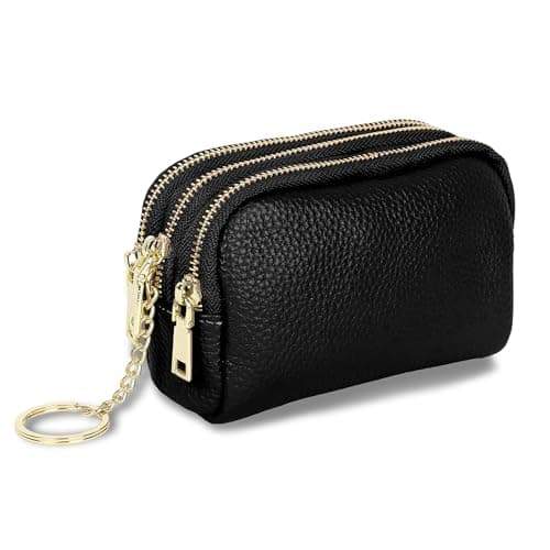 Image of Auliuse Zip Coin Wallet Black Genuine Leather Ladies Purse Portable Mini Wallet Three Zippers Small Wallet for Coin Cash with Many Compartments