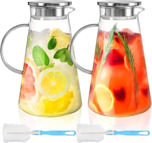 Image of WUWEOT 2 Pack 2 Liter Glass Pitcher with Lid, BPA-Free Glass Water Jug Carafe Heat Resistant Ice Tea Pitcher for Juice, Sangria, Lemonade, Milk, Coffee, Cold and Hot Beverages