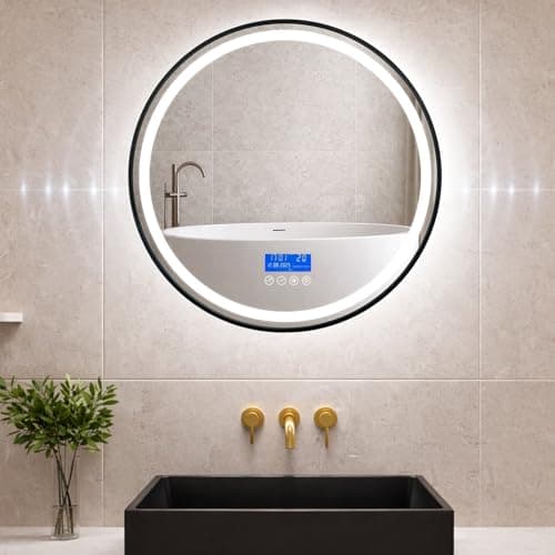 Image of Bluetooth LED Bathroom Mirror with Makeup-Grade Lighting & Dual HiFi Speakers, 60x60cm Illuminated Vanity Mirrior with 3-Colour Dimmable, Anti-Fog, Memory Function, Time & Temperature Display, IP44